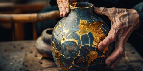 Kintsugi, kintsukuroi pottery repaired with golden lacquer, traditional Japanese art, repairing with gold, craftsmanship, golden repair concept