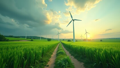 Obraz premium Wind Turbines in a Green Field at Sunset.