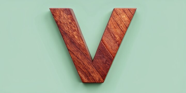 Rough-edged wooden uppercase letter V with dark red brown wood grain texture and jagged font style isolated on a soft pastel background with clipping path.