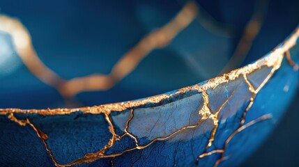 Kintsugi, close-up of blue bowl with golden repair lines, Japanese art of golden joinery concept