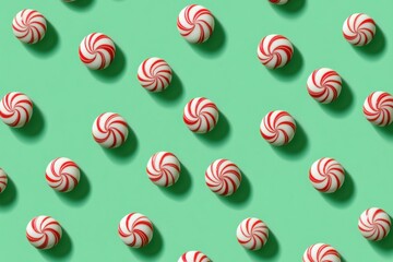 Peppermint Candy on Green Background. Christmas Theme