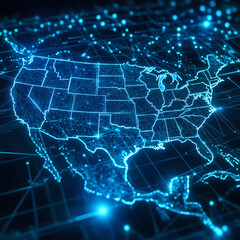 Obraz premium Digital map of USA, concept of North America global network and connectivity, data transfer and cyber technology, information exchange and telecommunication Generative AI