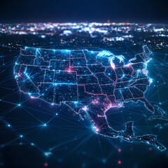 Digital map of USA, concept of North America global network and connectivity, data transfer and cyber technology, information exchange and telecommunication Generative AI