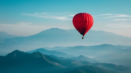 Red Hot Air Balloon Soaring Above Misty Mountains