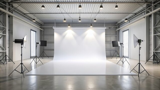 white photography studio backdrop with lights in huge open warehouse space