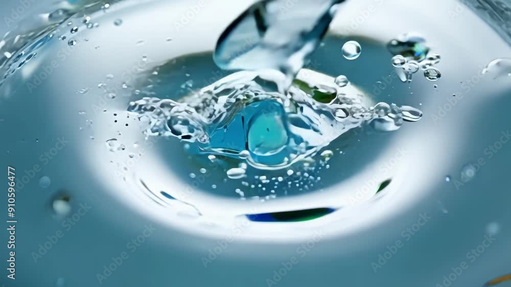 Poster bubbles float and shimmer in clear blue water, illuminated by soft light creating a tranquil and ref