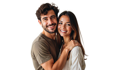 Portrait of a smiling young couple hugging isolated on white background