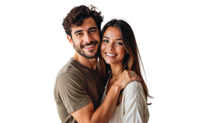 Portrait of a smiling young couple hugging isolated on white background