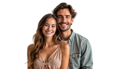 Happy young couple hugging and smiling together isolated on transparent background