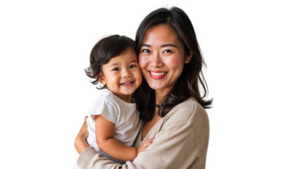 Smiling mother hugging and having fun with her daughter, family relationship and motherhood concept, isolated on transparent background