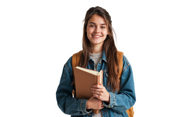 Smiling young student girl with book isolated on transparent background