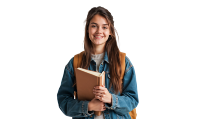 Smiling young student girl with book isolated on transparent background