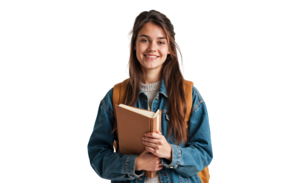 Smiling young student girl with book isolated on transparent background