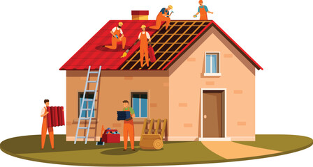 Construction workers team wearing orange uniform repairing house roof using professional equipment © nsit0108
