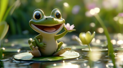 Cute 3D Cartoon Frog Holding a Lily - Adorable Illustration
