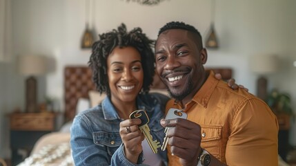 New homeowners proudly displaying keys, focus on excitement and joy, moving in theme, dynamic, multilayer, bedroom backdrop