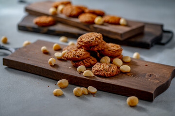 Macadamia nut cookie with chocolate chips.
Delicious cookie image.
