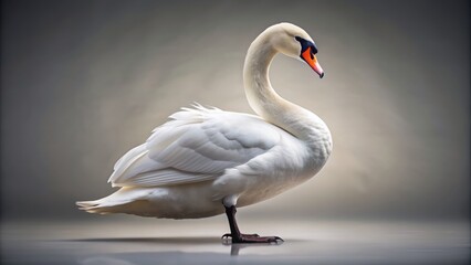 Obraz premium Majestic white swan with sleek feathers and serene expression stands alone on a clean, light gray background, highlighting its beautiful neck and subtle plumage.