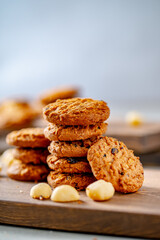 Macadamia nut cookie with chocolate chips.
Delicious cookie image.
