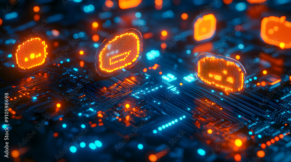 Poster glowing futuristic computer circuit board with illuminated intelligence microchips abstract digital 