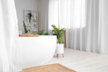 Bathtub with curtain, wooden tray and houseplants in interior of modern bathroom