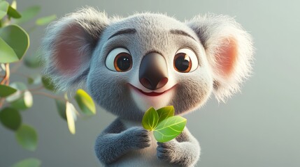 Cute 3D Cartoon Koala Holding Eucalyptus -  Stock Image