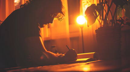 Silhouette of a Person Writing in Warmly Lit Room