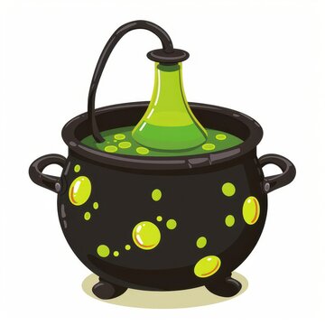 recommend clip art: A cauldron with green potion, Halloween element, flat design clipart style, isolated on white background