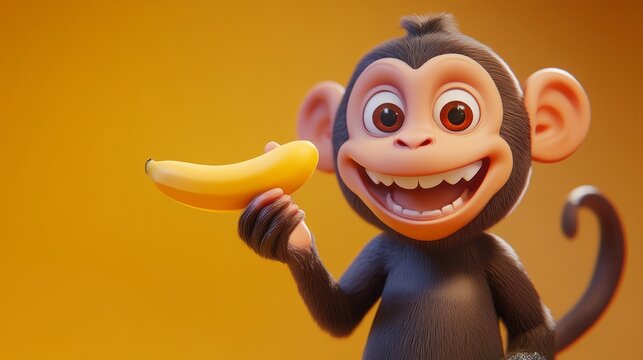 Cute 3D Cartoon Monkey Holding a Tiny Banana -  Image Download