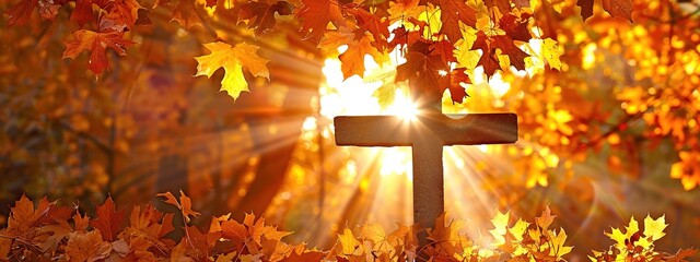 Sun shining through a cross on a background of golden autumn leaves in fall, symbolizing faith and hope. powerful message of belief and optimism.Cross, Faith, Hope, Conviction
