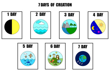 Seven days creation. Colorful biblical sequence. Educational vector illustration. Earth and nature icons.