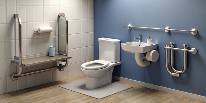 Accessible miniature toilet model features grab bars, lowered sink, and spacious interior, showcasing inclusive design for comfortable and safe public restroom experiences.