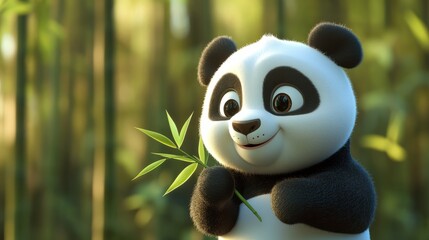 Cute 3D Cartoon Panda Holding Tiny Bamboo - Stock Image