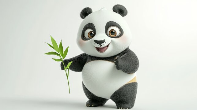 Cute 3D Cartoon Panda Holding Tiny Bamboo - Stock Image