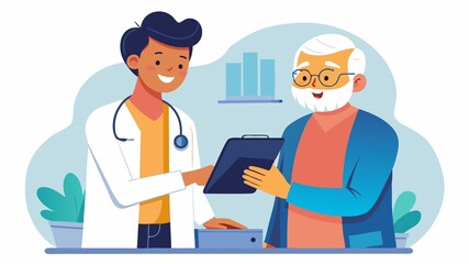 Obraz premium Age is no barrier to innovation. A senior patient engaging with a young doctor using a digital tablet. The image celebrates a willingness to embrace technology for better health management.