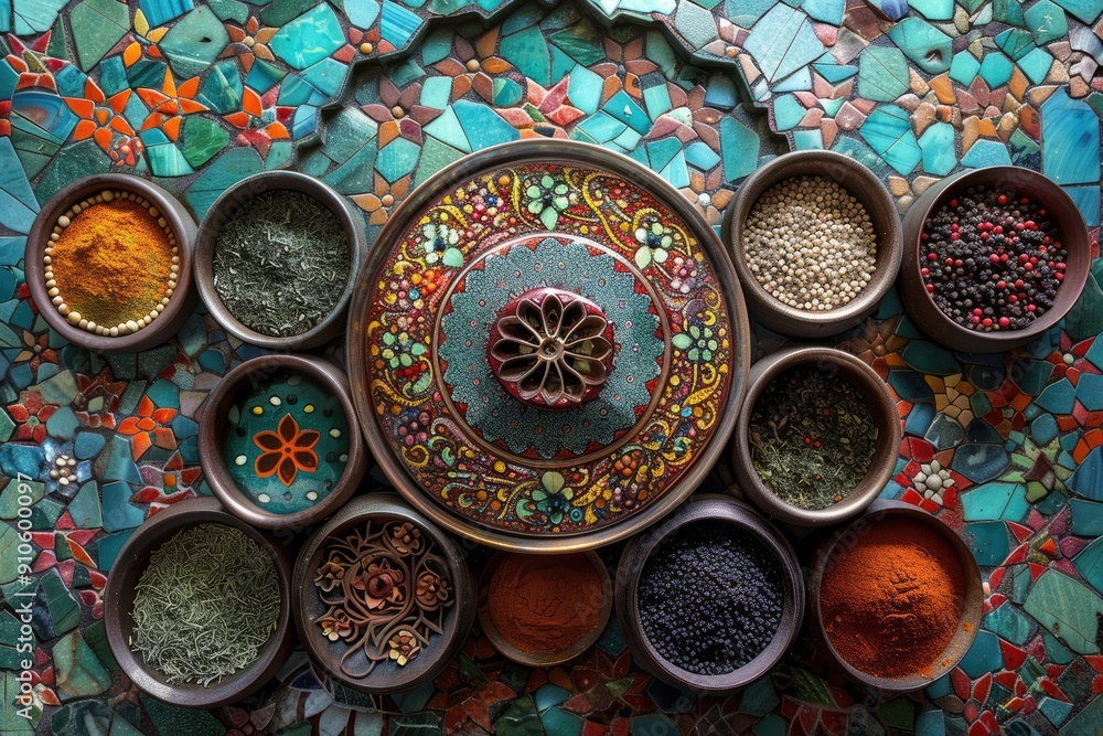 Poster a colorful assortment of spices and herbs are displayed in a variety of bowls. the spices are arrang