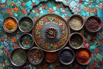 A colorful assortment of spices and herbs are displayed in a variety of bowls. The spices are arranged in a circular pattern, with some bowls placed closer to the center and others further away