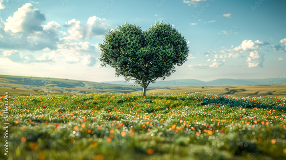 Poster a tree with a heart shape is growing in a field.