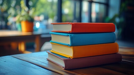A stack of colorful books on a wooden table, creating a cozy and inviting atmosphere for reading and learning.