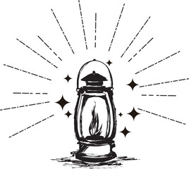 キラキラ光る手書きのビンテージ風ランタンシルエットキャンプイラスト素材