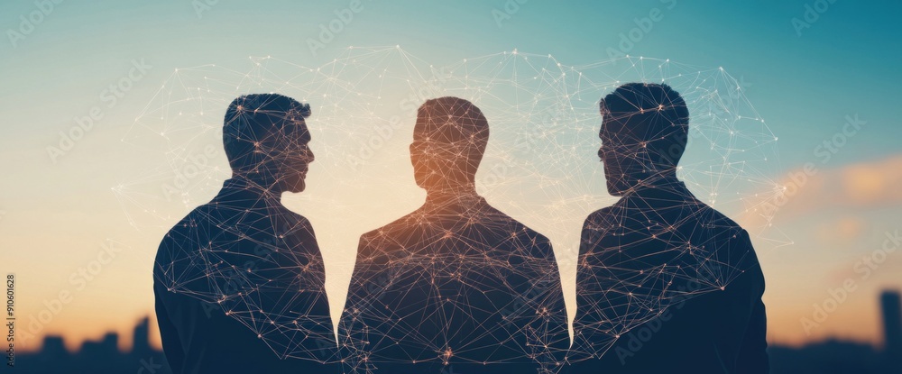 Aufkleber employees collaborating in a high-tech office with abstract background and network system natural li