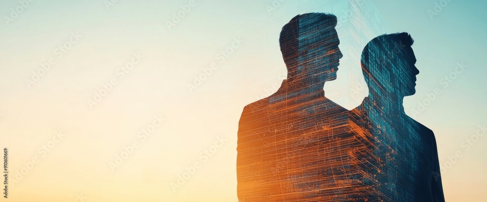 Poster futuristic abstract business setting with employees and network system natural lighting copy space