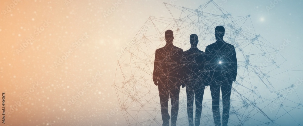 Poster futuristic abstract business setting with employees and network system natural lighting copy space