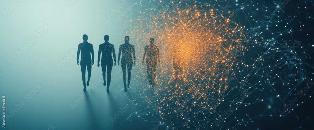 Poster futuristic abstract business setting with employees and network system natural lighting copy space