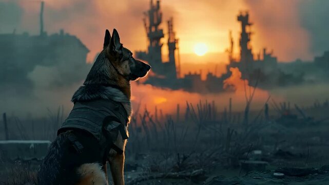 Military working dog wearing uniform and bulletproof vest with explosions and smoke on background. Rescue dog looking for injured people in ruins after war. Police, guard, security dogs profession