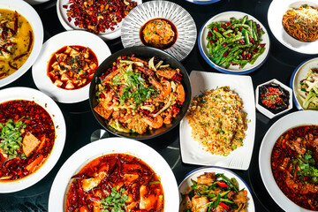 Spicy hot pot, fried rice, fried String Beans with Minced Pork, fungus, Steamed Chicken with Chili Sauce, Mapo Tofu, Bawang Chicken, boiled fish, pork belly, served top view of hong kong food
