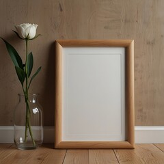 Light Wood Frame Mockup with White Flower and Glass Vase for Art Display