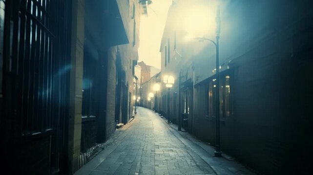 The ambient glow of the streetlights adds a cinematic quality to the abandoned alleyway creating a moment frozen in time. Light leaks bokeh