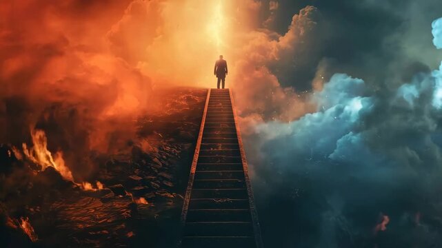 Animation of heaven paradise and fiery hell gates choice. Door to heaven and hell. Good and evil, light and darkness. God's judgment, christianity concept. Religious background