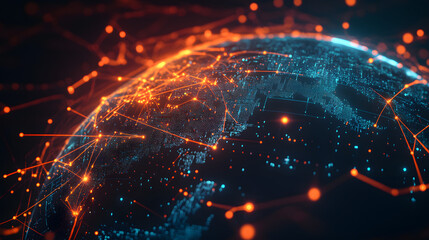 Digital world map planet Earth space global globe sky space 5G wireless network AI big data communication pathways science technology web internet connection transmission cyber cloud computing online